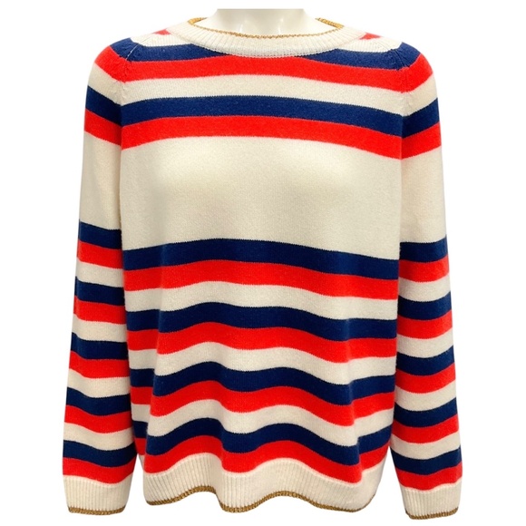 SONIA RYKIEL IVORY / RED / BLUE STRIPED CASHMERE KNIT PULLOVER SWEATER - Picture 1 of 5